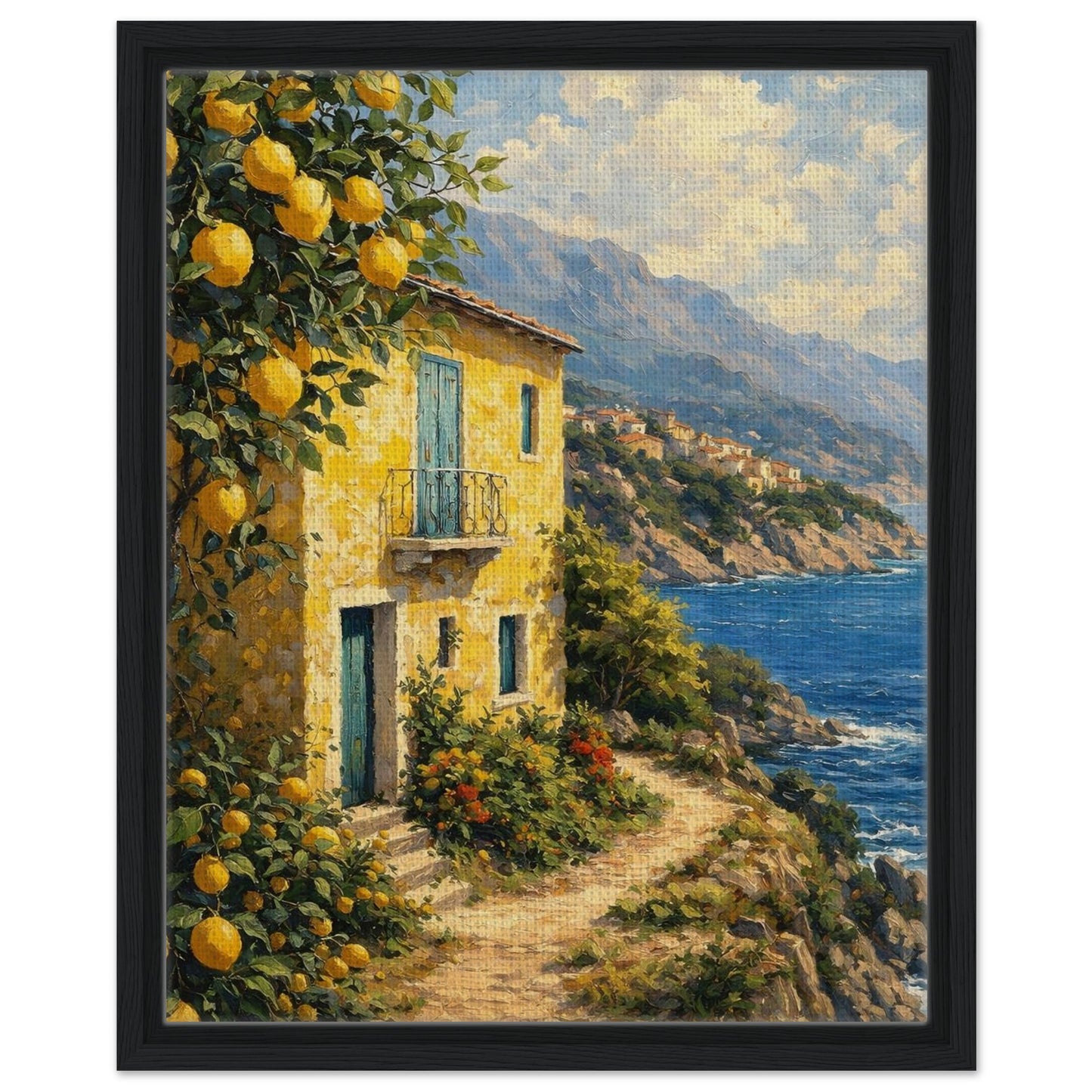 Sunlit Mediterranean lemon grove and seaside cottage canvas in a black floating frame