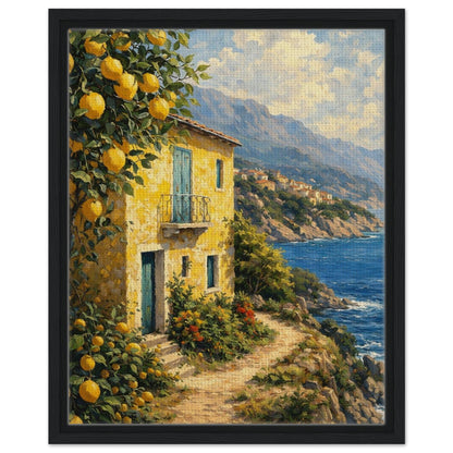 Sunlit Mediterranean lemon grove and seaside cottage canvas in a black floating frame
