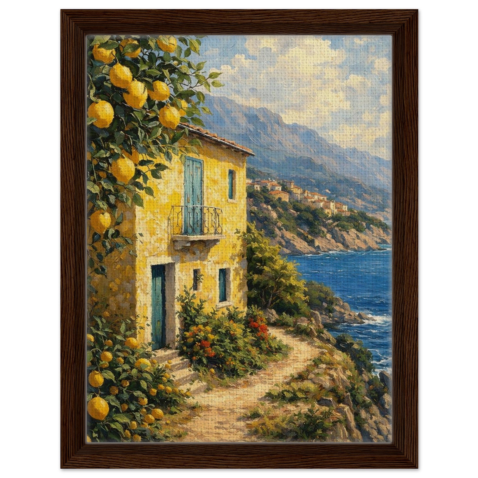 Lemon tree and seaside Italian house canvas artwork in a rich brown wood frame