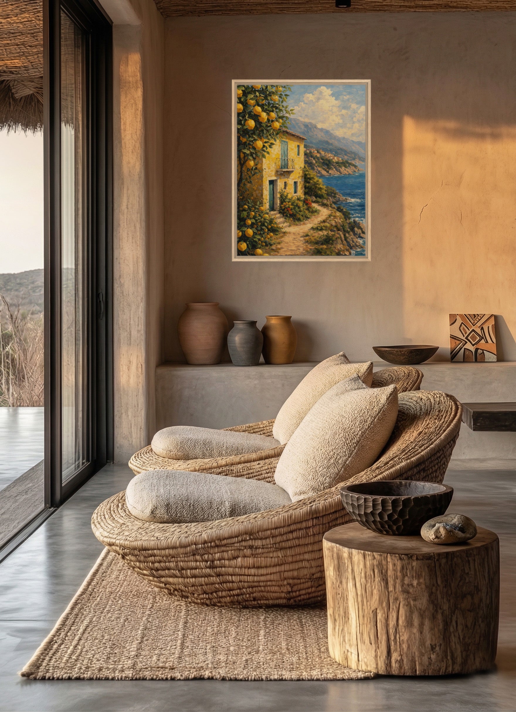 Mediterranean lemon painting wall art above sofa in modern neutral living room