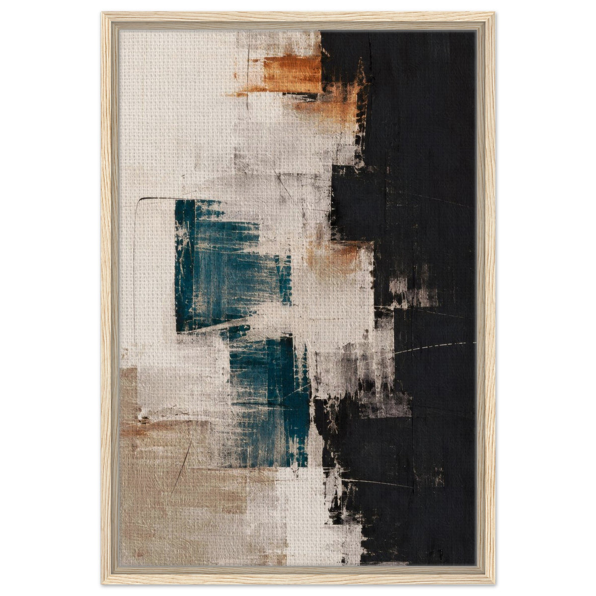 Cream, black and teal abstract canvas in a light wood-colored frame with beige textures and warm brown accents.