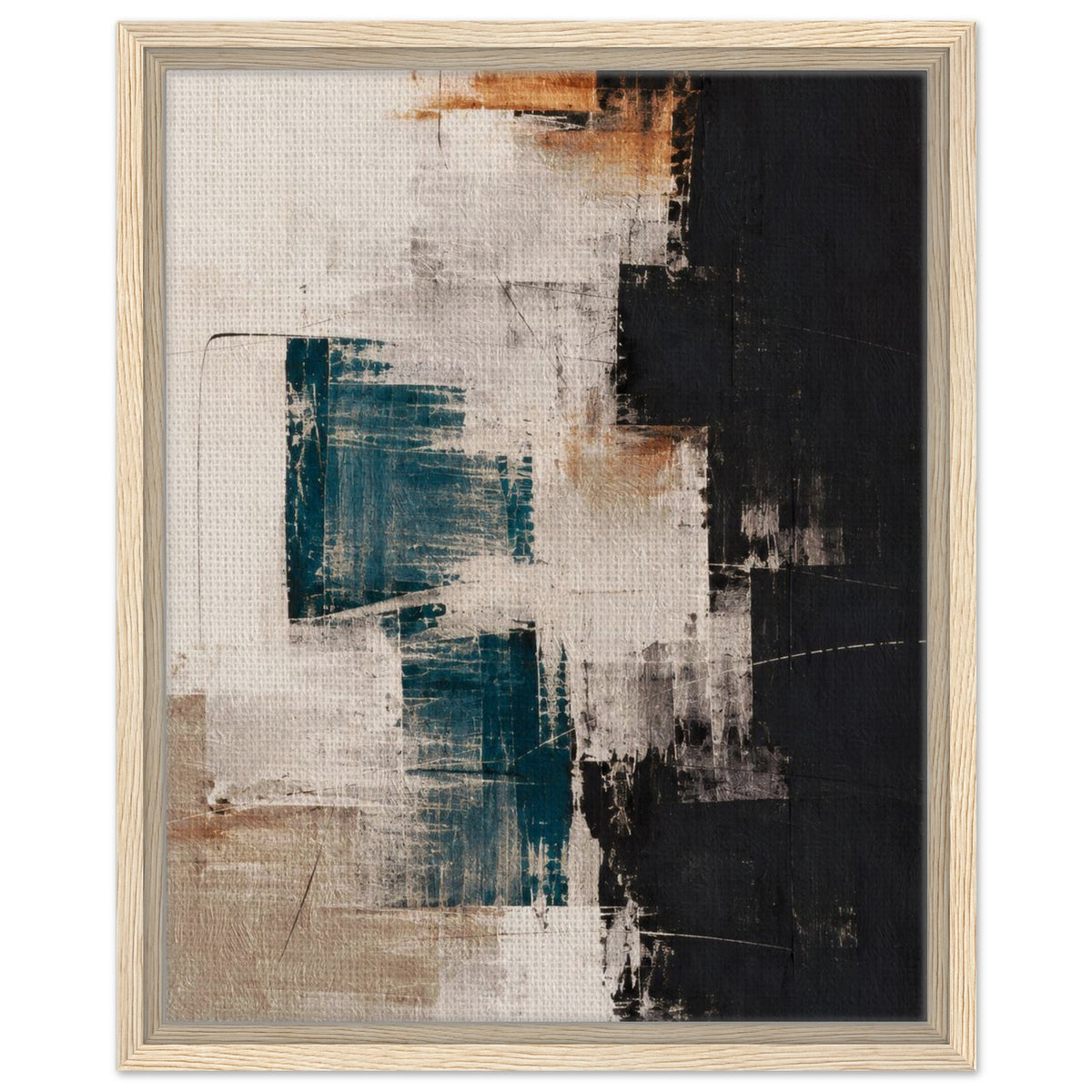 Light wood-colored frame around an abstract canvas with teal, beige, cream and black painted textures.