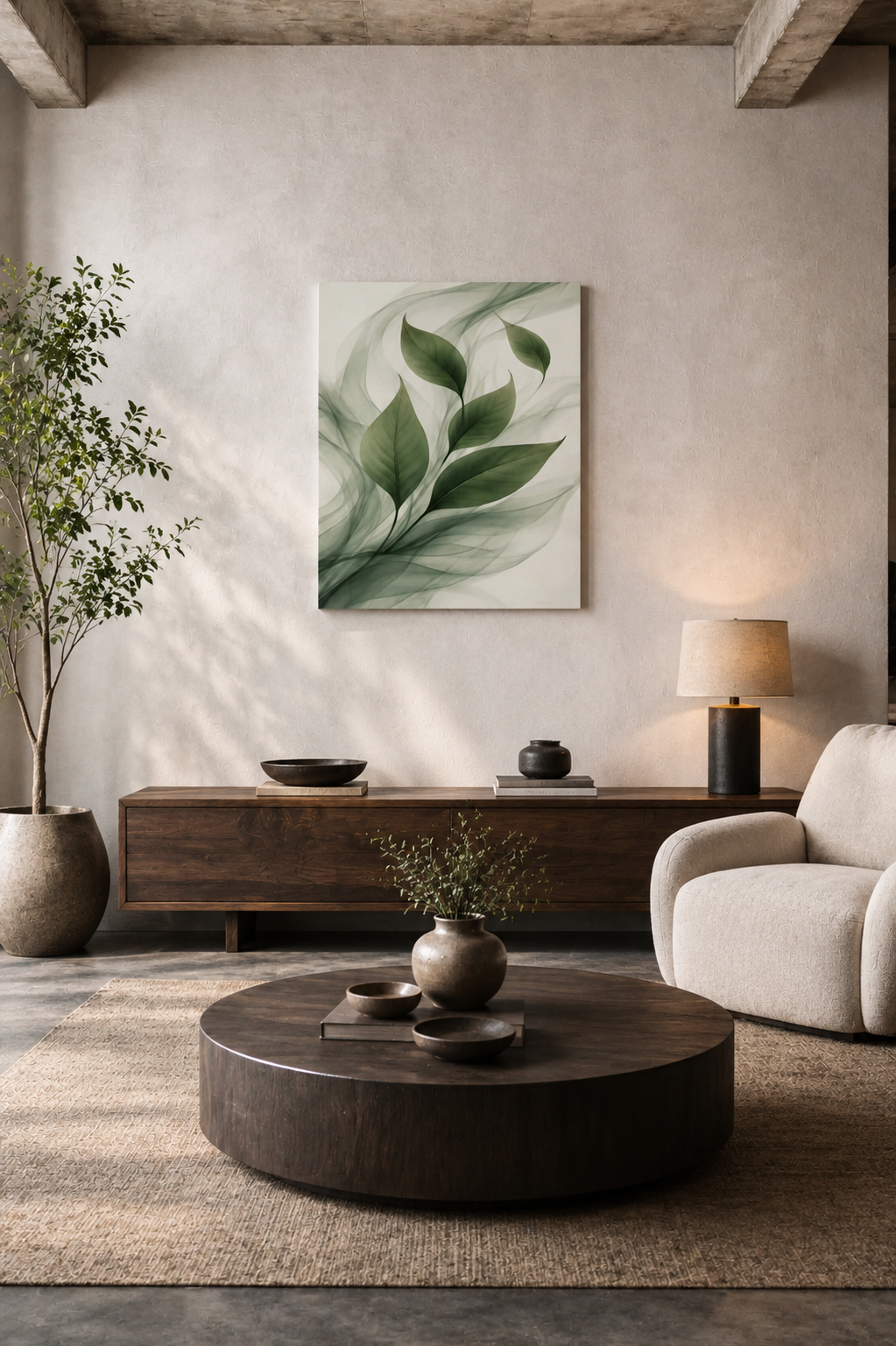 Minimalist living room interior with green botanical leaf canvas wall art above a modern coffee table and neutral seating area.
