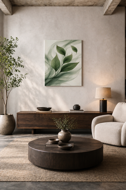Minimalist living room interior with green botanical leaf canvas wall art above a modern coffee table and neutral seating area.
