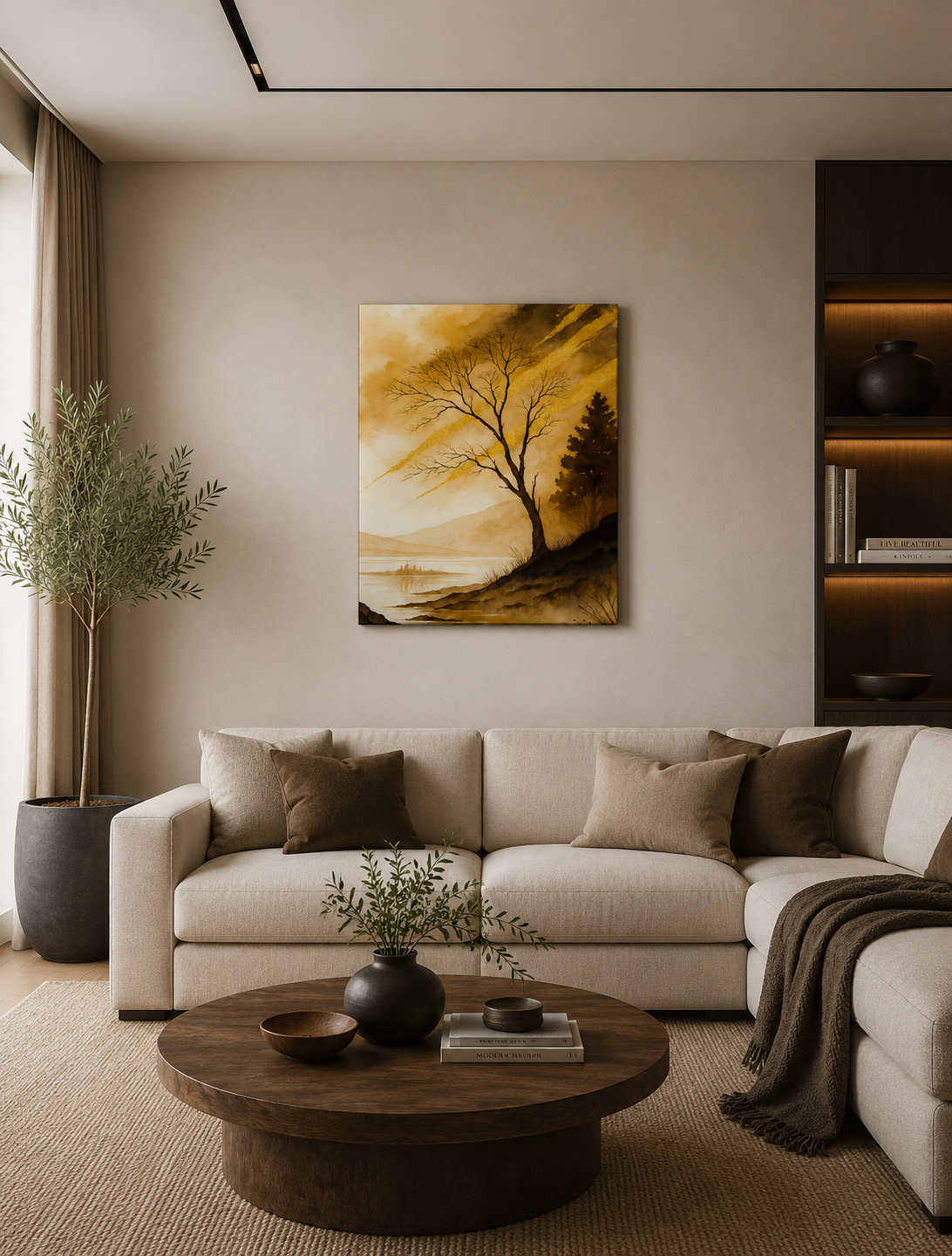 Modern beige living room mockup with golden landscape canvas wall art above sofa in warm minimalist interior