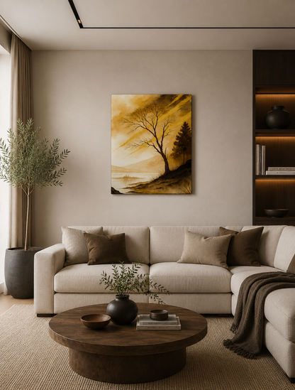 Modern beige living room mockup with golden landscape canvas wall art above sofa in warm minimalist interior