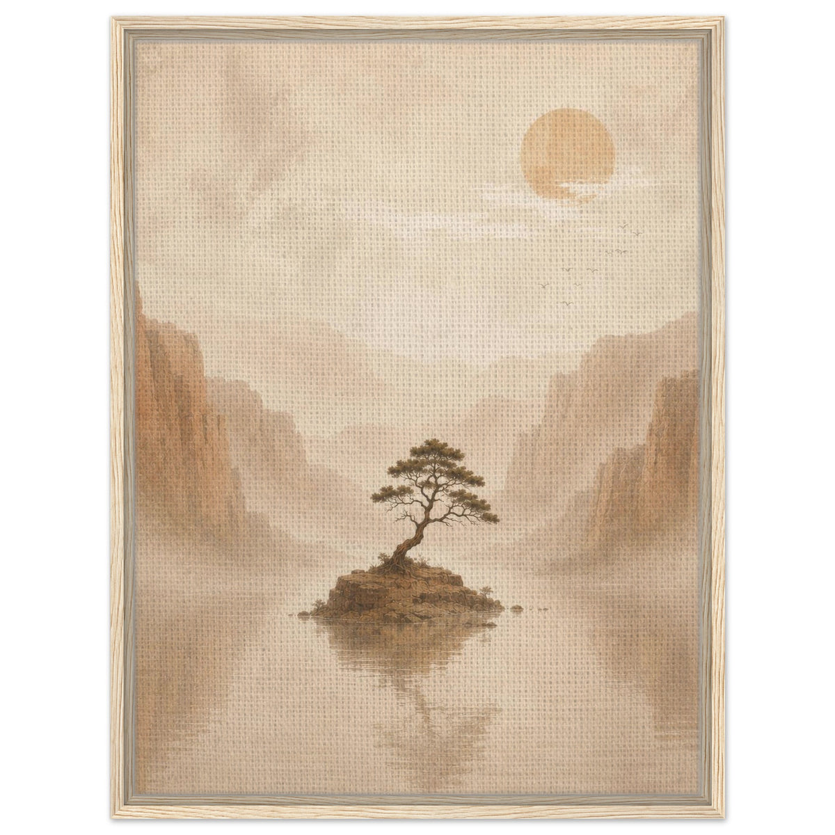 Lone tree on a small island surrounded by misty mountains in warm neutral tones