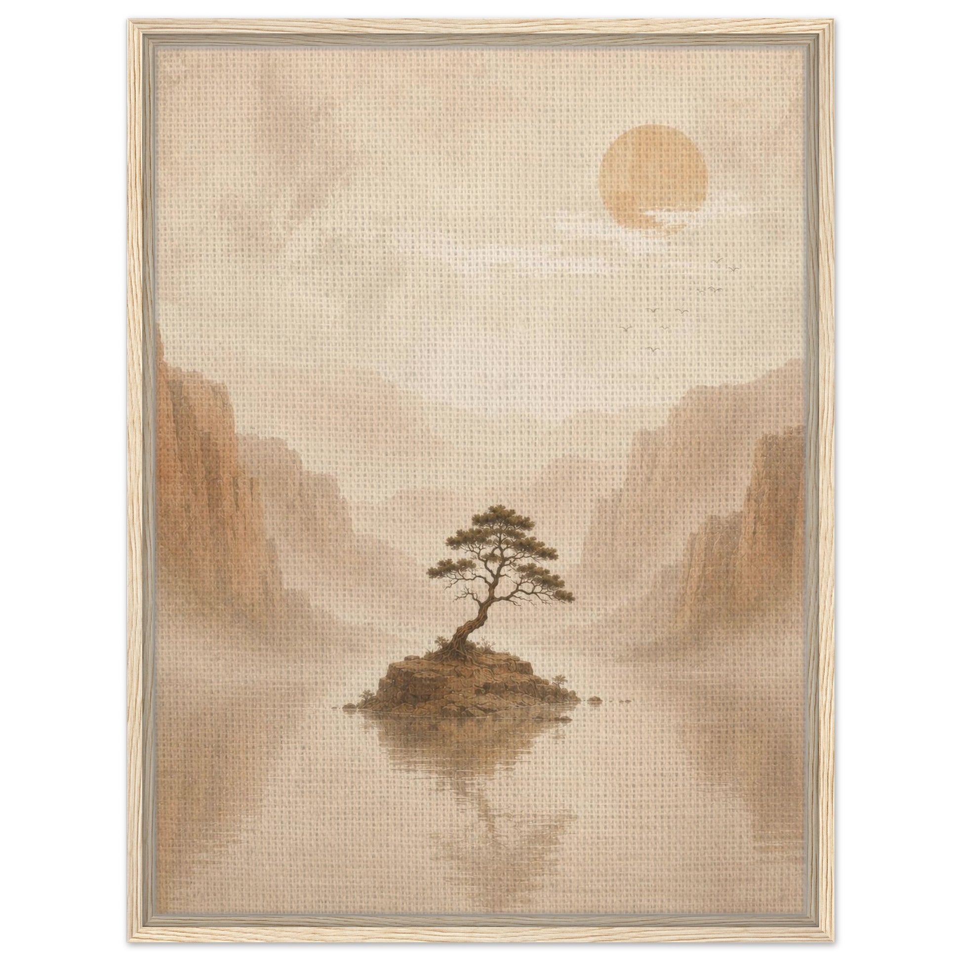 Lone tree on a small island surrounded by misty mountains in warm neutral tones