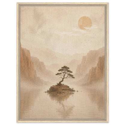 Lone tree on a small island surrounded by misty mountains in warm neutral tones