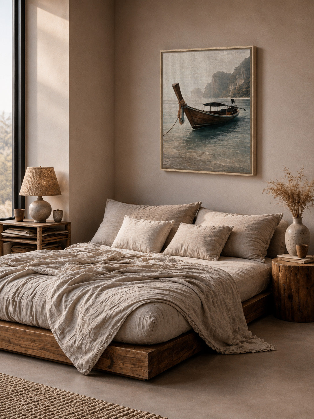 Serene long-tail boat canvas displayed above a bed in a calm contemporary bedroom