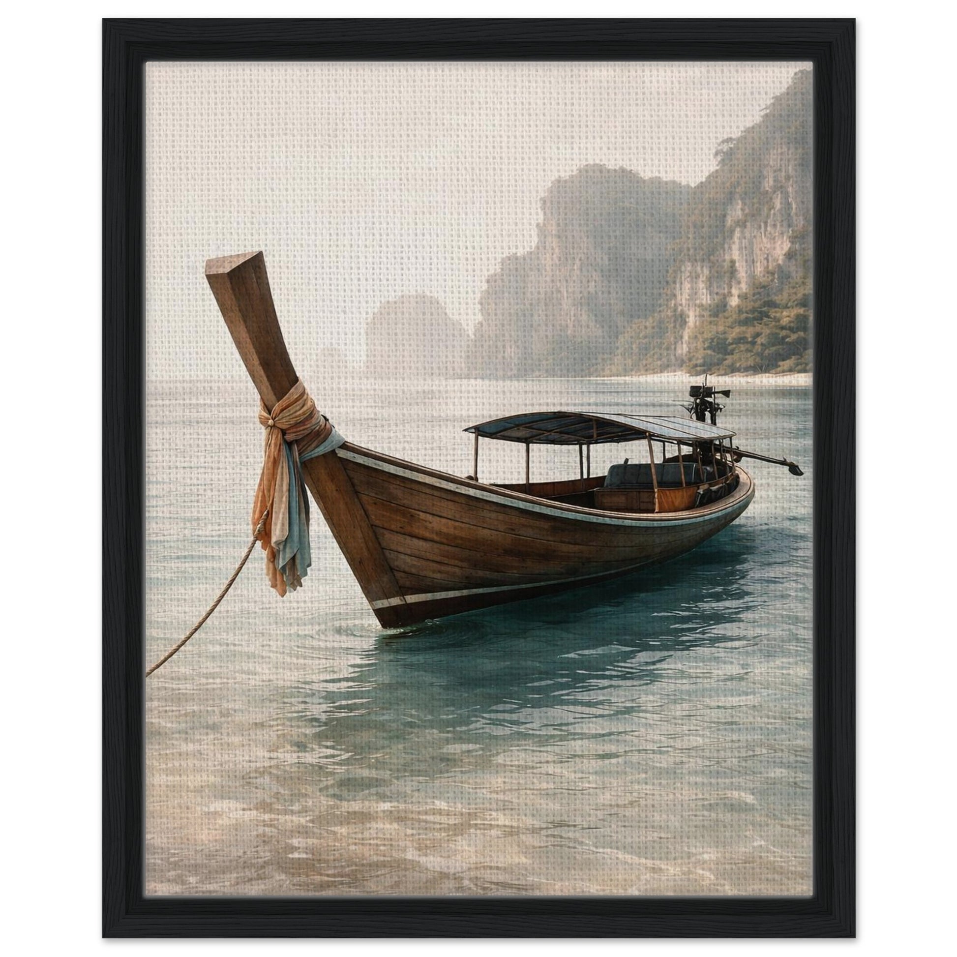 Tropical long-tail boat wall art presented in a modern black canvas frame