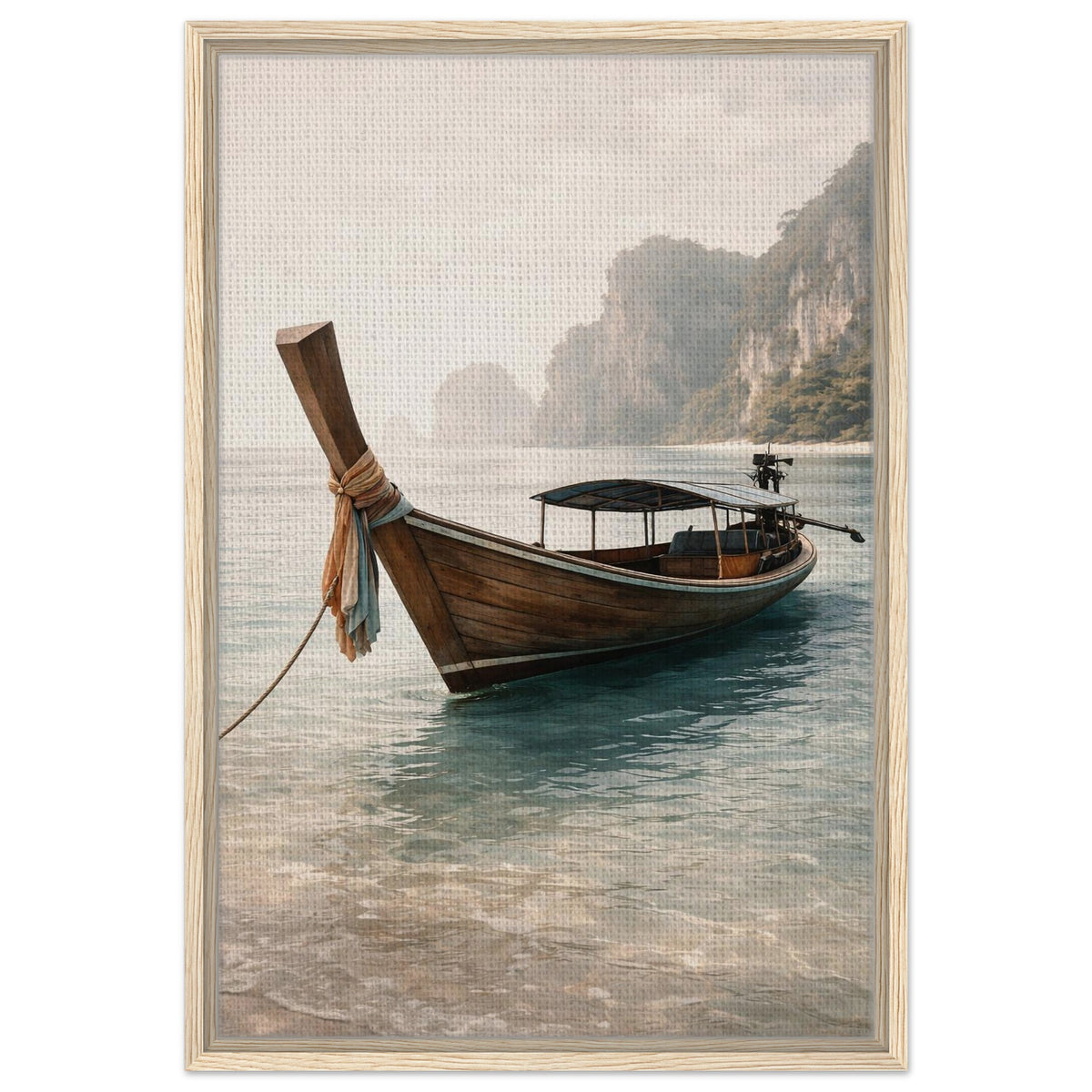 Coastal long-tail boat canvas print with misty cliffs in a blonde wood frame