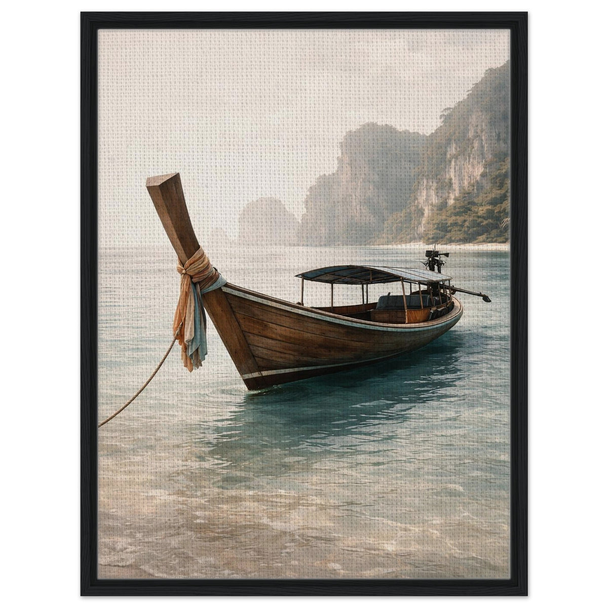 Peaceful tropical boat and turquoise sea canvas presented in a charcoal black frame