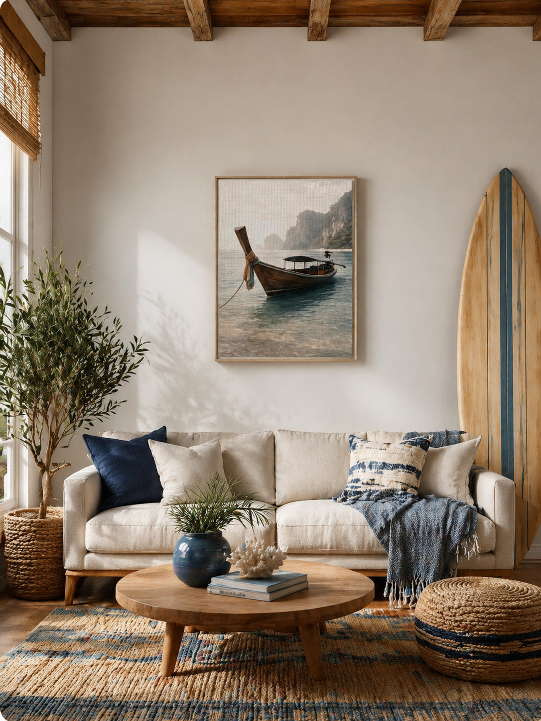 Tropical boat framed canvas displayed in a bright coastal style living room