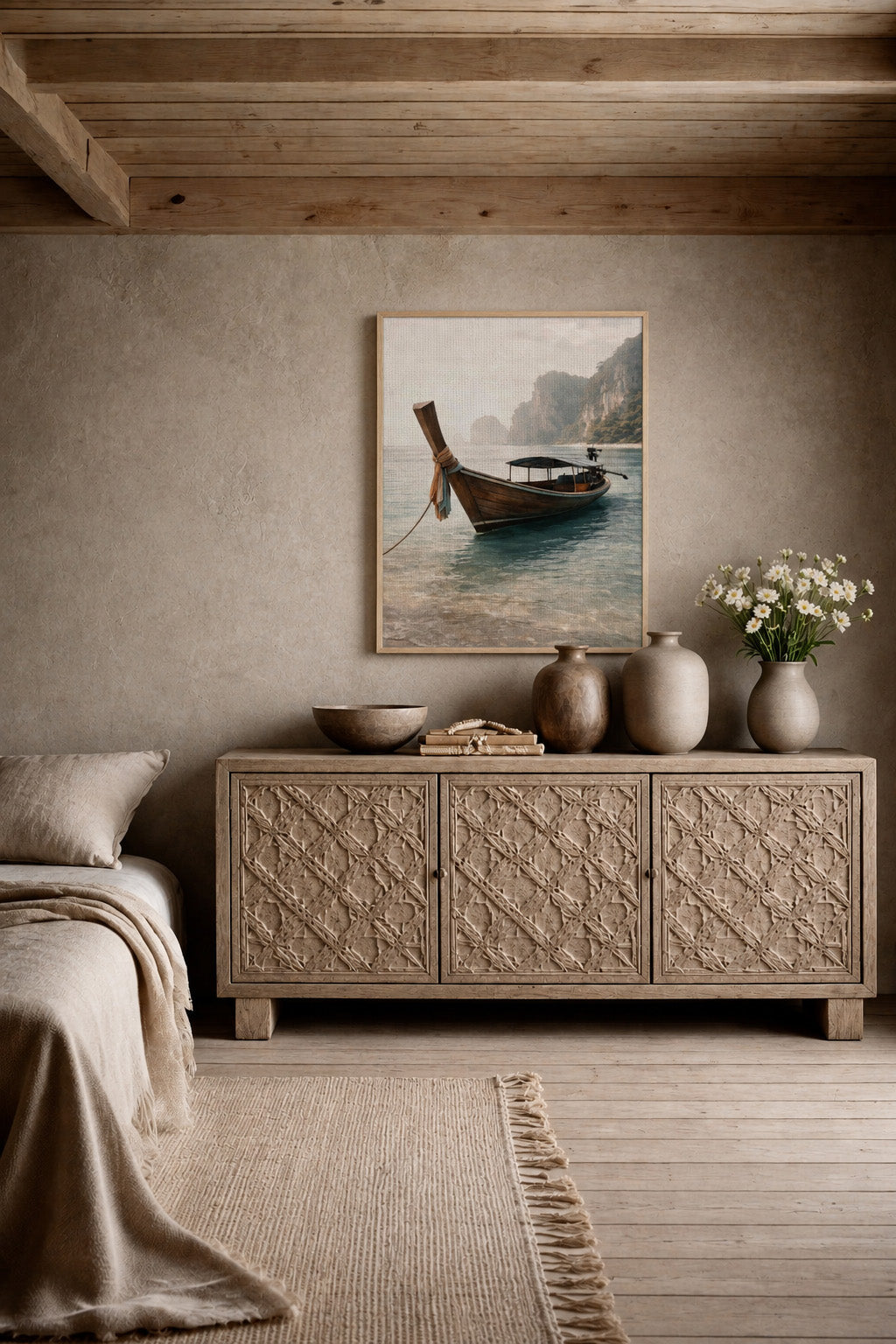 Tropical long-tail boat canvas wall art presented in a dark walnut wood frame