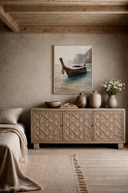 Tropical long-tail boat canvas wall art presented in a dark walnut wood frame