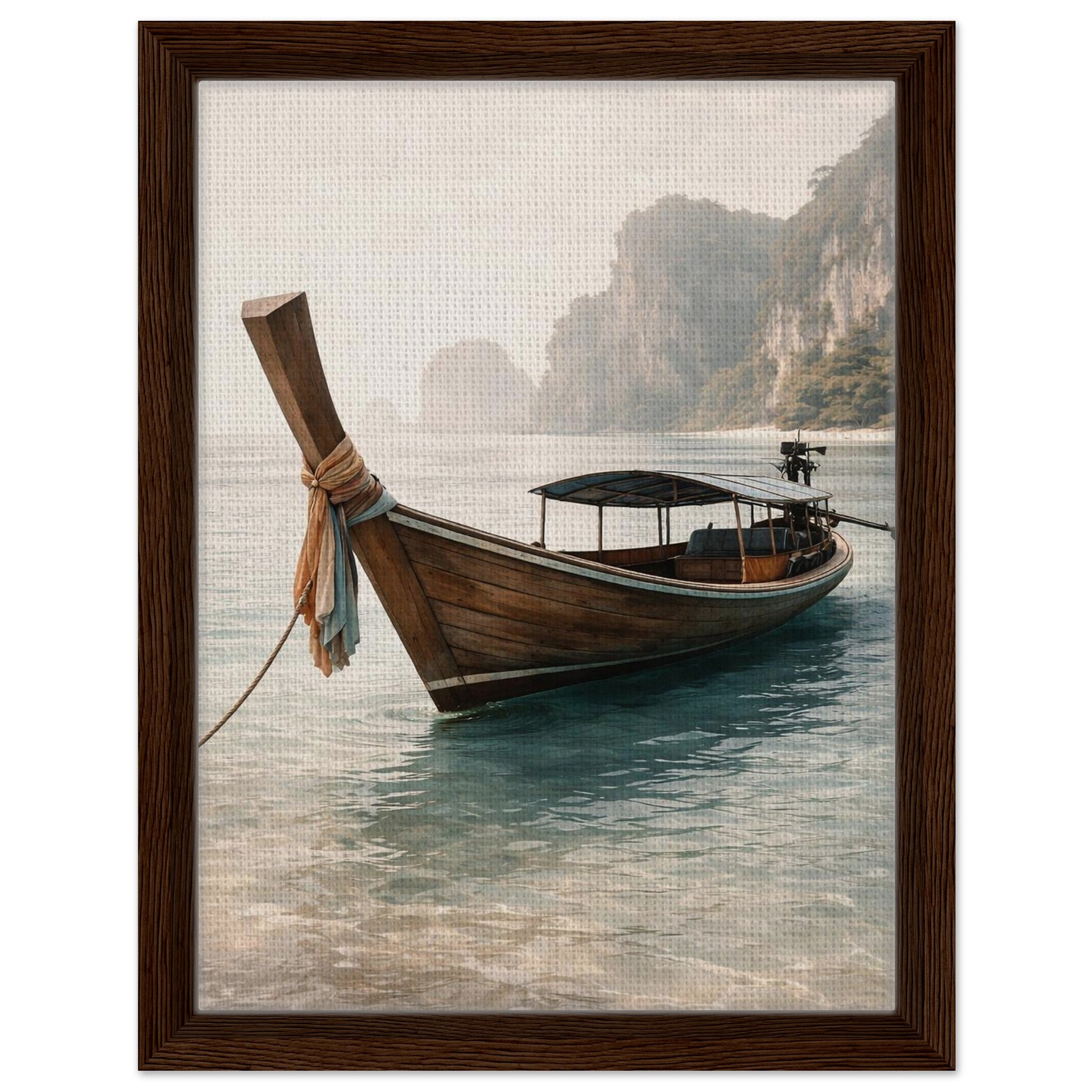 Serene coastal boat canvas artwork surrounded by a deep walnut frame