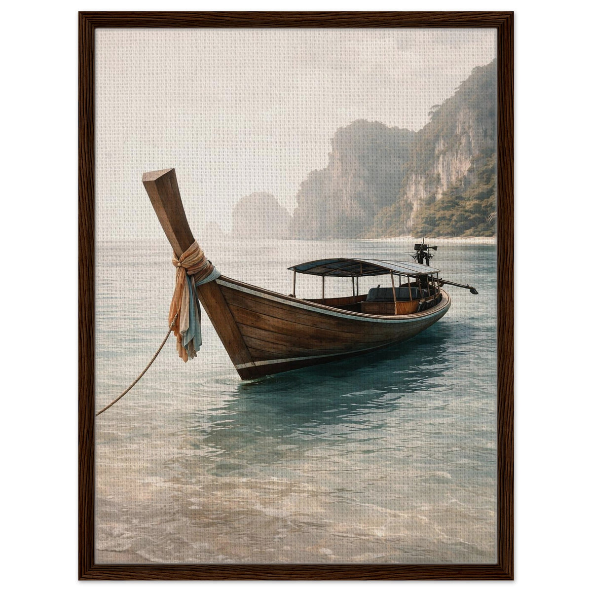 Peaceful long-tail boat framed canvas displayed above a console in a minimalist hallway