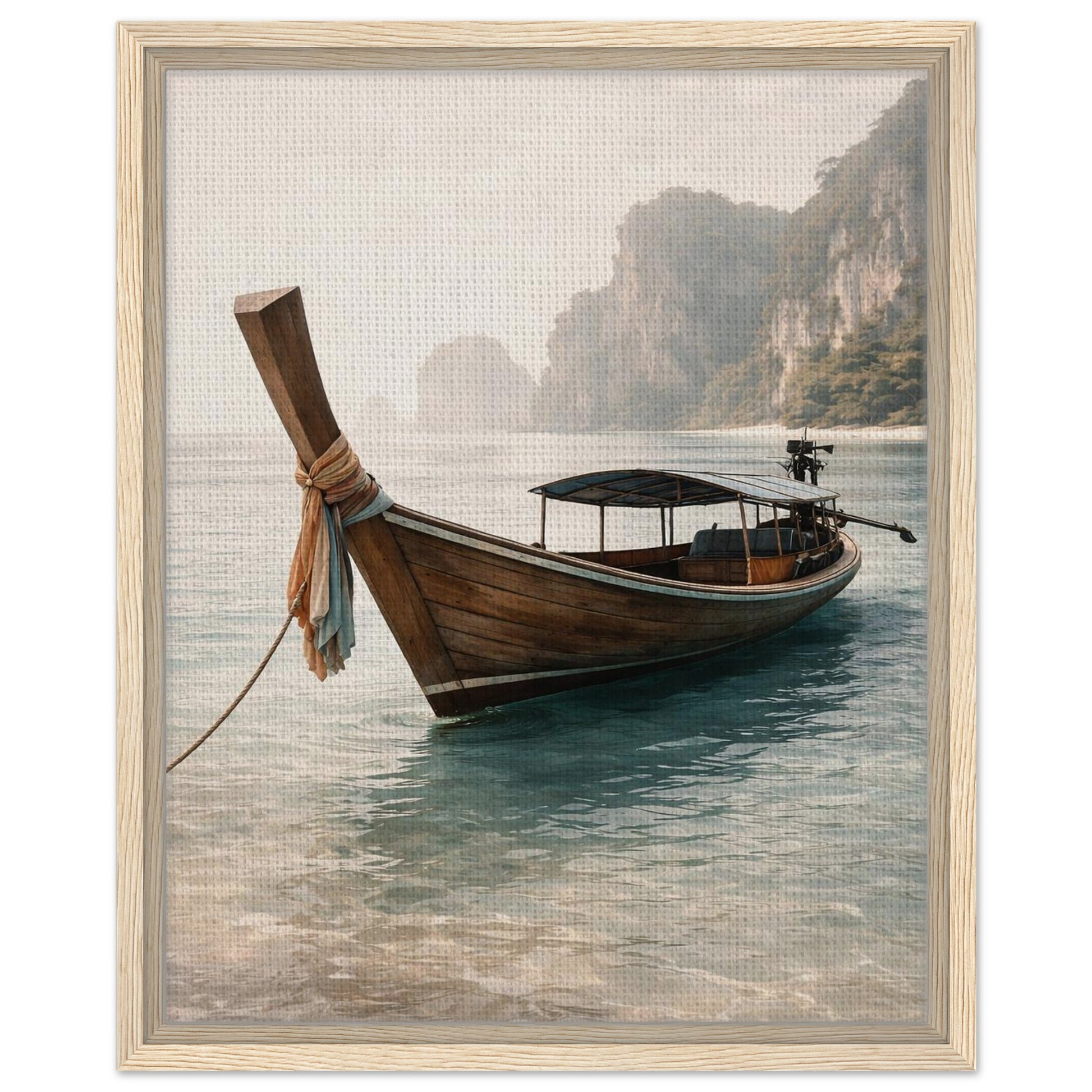 Serene tropical boat canvas print finished with a light natural wood frame