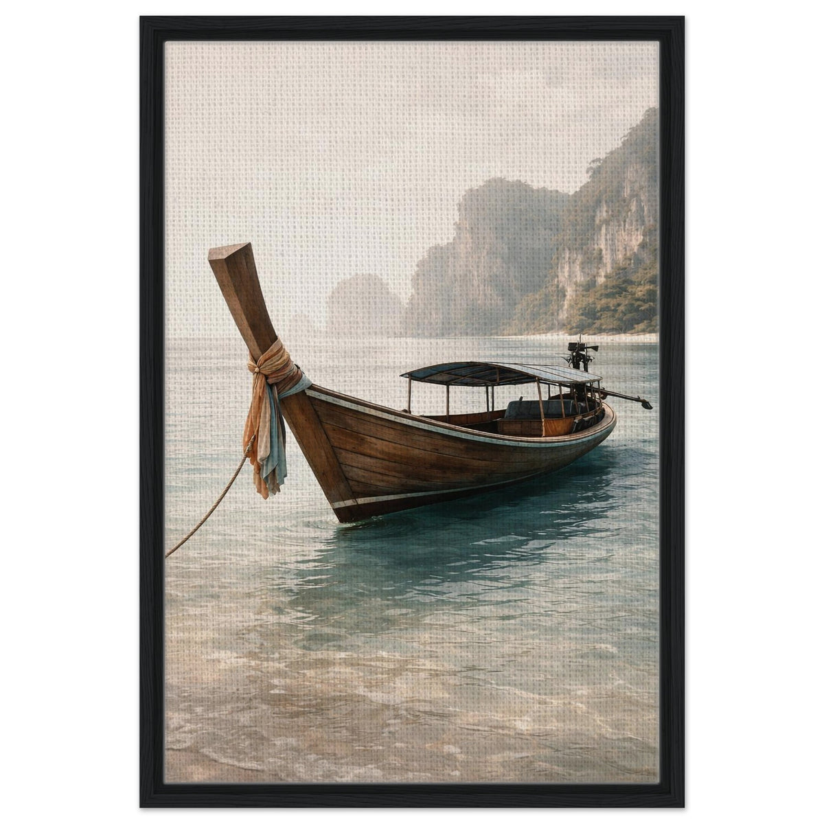 Long-tail boat coastal canvas wall decor finished with a matte black frame