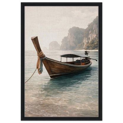 Long-tail boat coastal canvas wall decor finished with a matte black frame