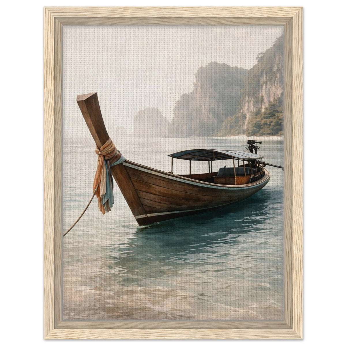 Tropical long-tail boat canvas wall art finished with a natural oak frame