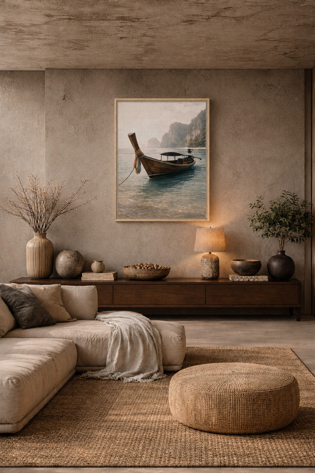 Tropical long-tail boat framed canvas displayed in a warm minimalist relaxation room