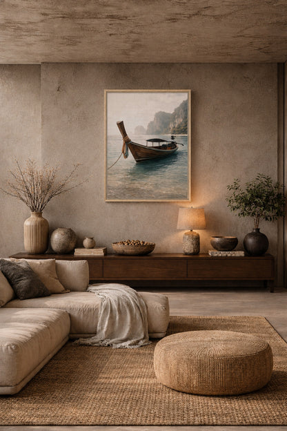 Tropical long-tail boat framed canvas displayed in a warm minimalist relaxation room