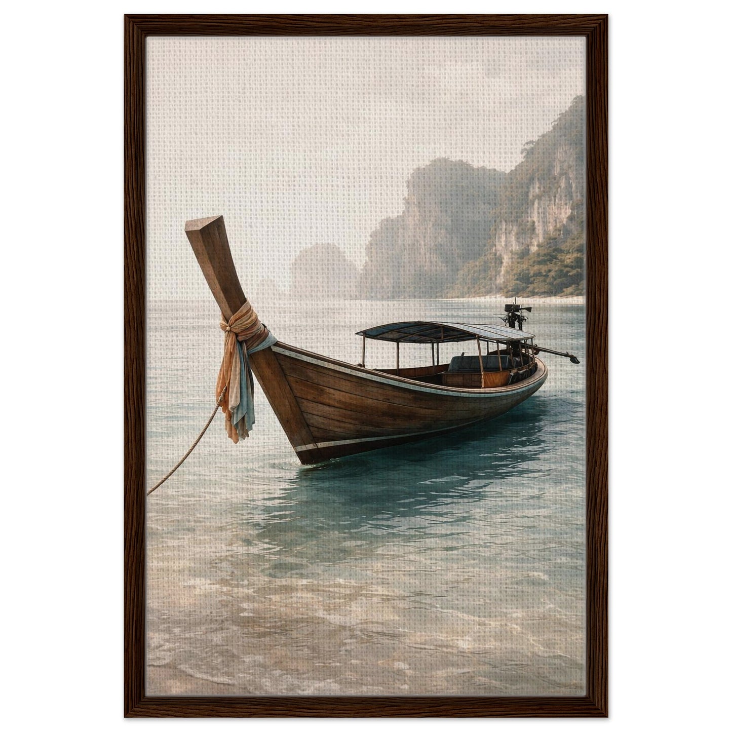 Calm tropical sea and wooden boat canvas artwork in a rich brown wood frame