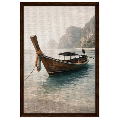 Calm tropical sea and wooden boat canvas artwork in a rich brown wood frame