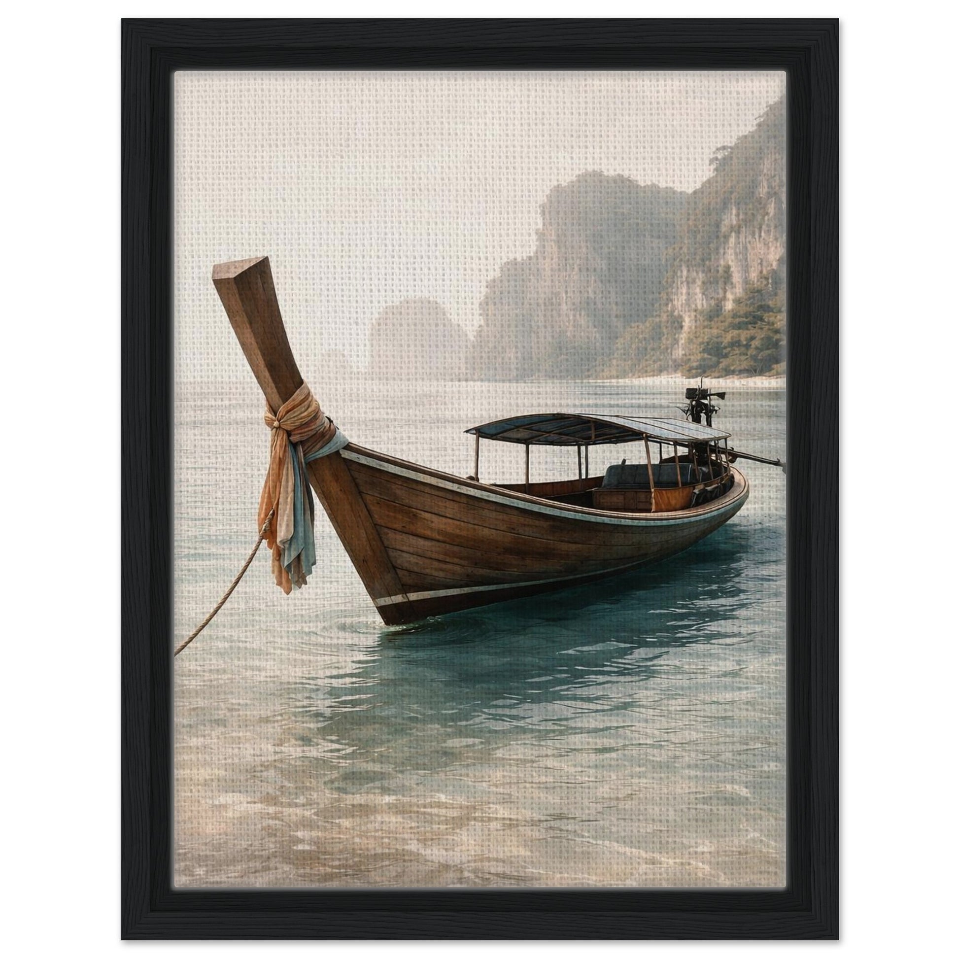 Tropical wooden boat wall art presented in a slim black floating canvas frame