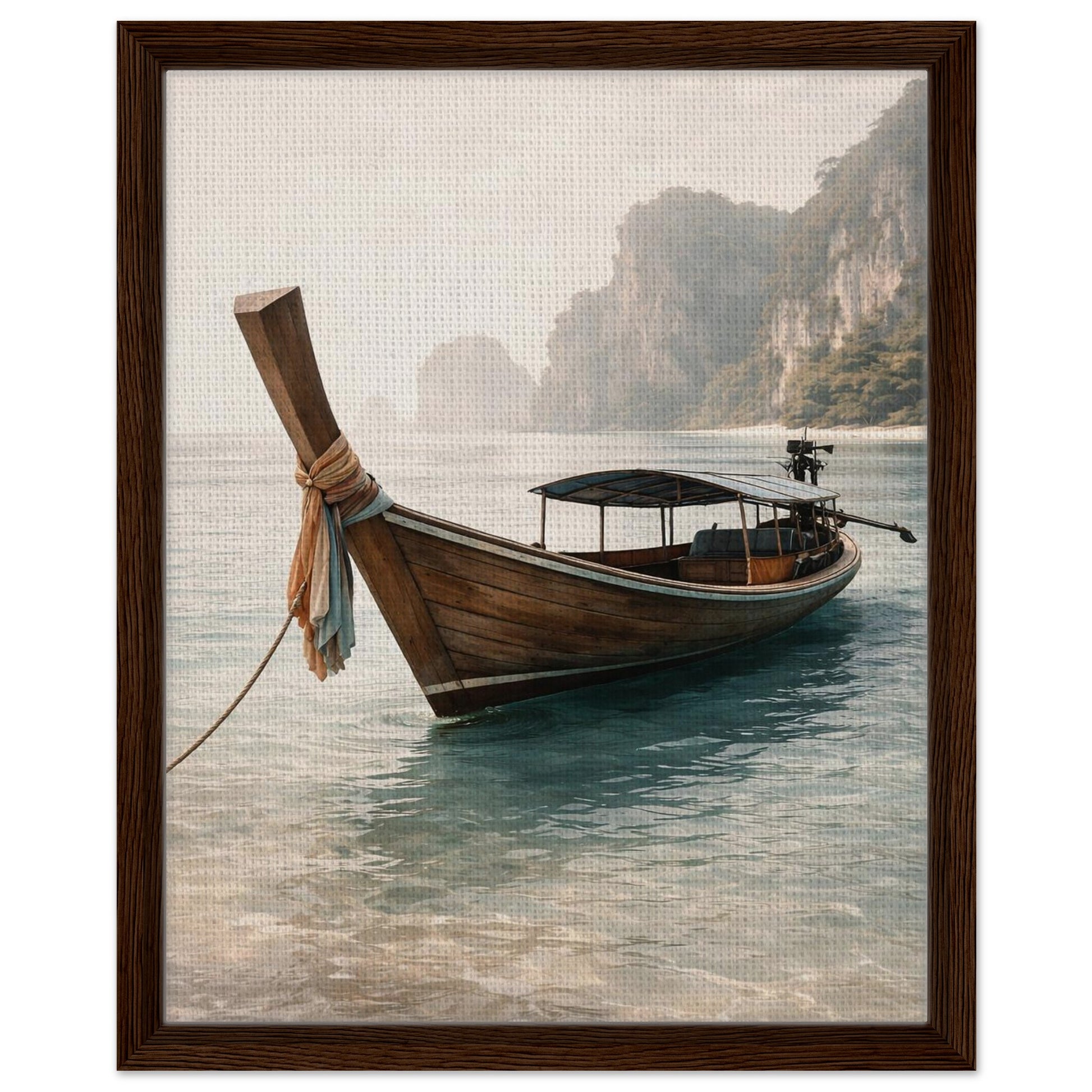 Tropical wooden boat and misty cliffs canvas print in a walnut wood frame