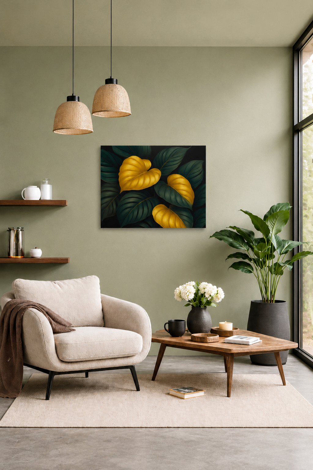 Lumina Leaves canvas in a soft green lounge with modern furniture and plants