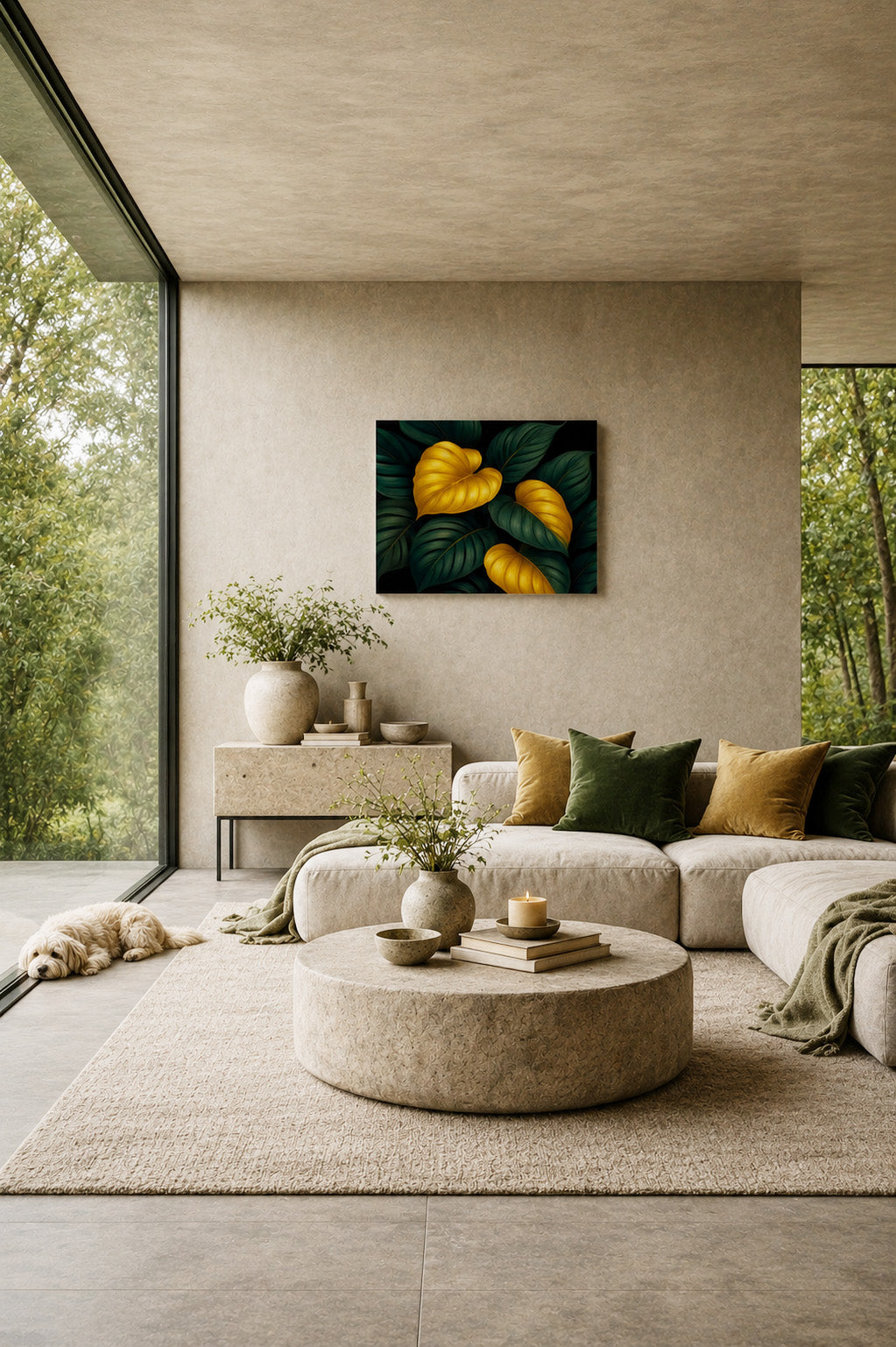 Lumina Leaves canvas above a beige sofa in a bright organic living room