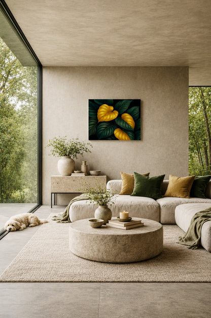 Lumina Leaves canvas above a beige sofa in a bright organic living room