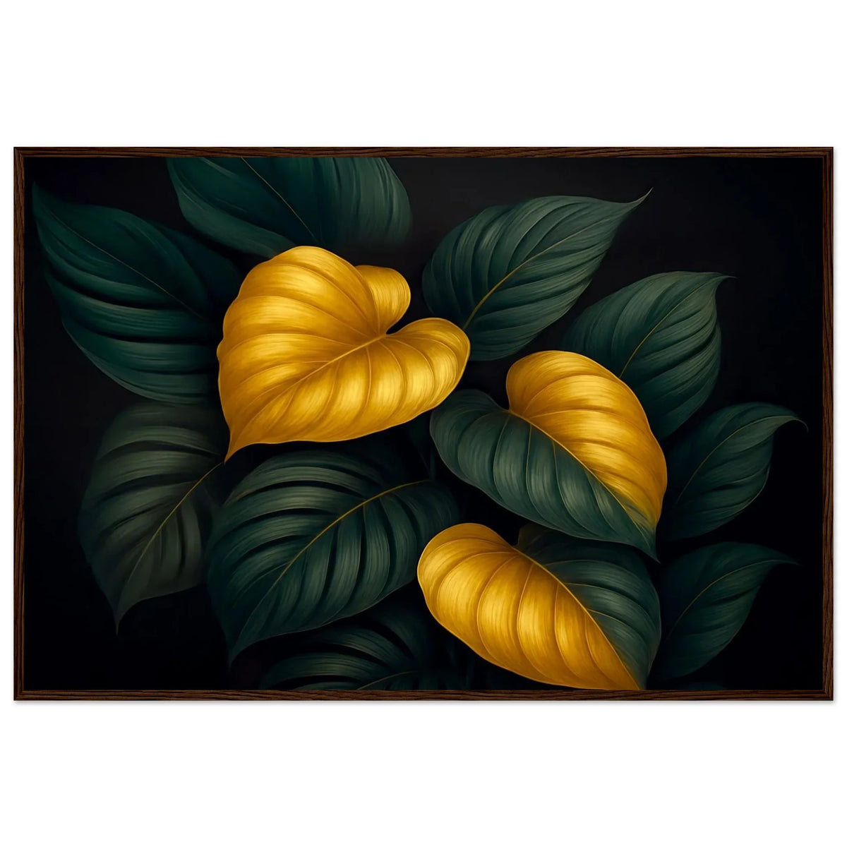 Lumina Leaves framed print in a light wood frame showing the leaf veins and gold highlights