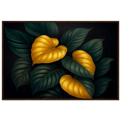 Lumina Leaves framed print in a light wood frame showing the leaf veins and gold highlights