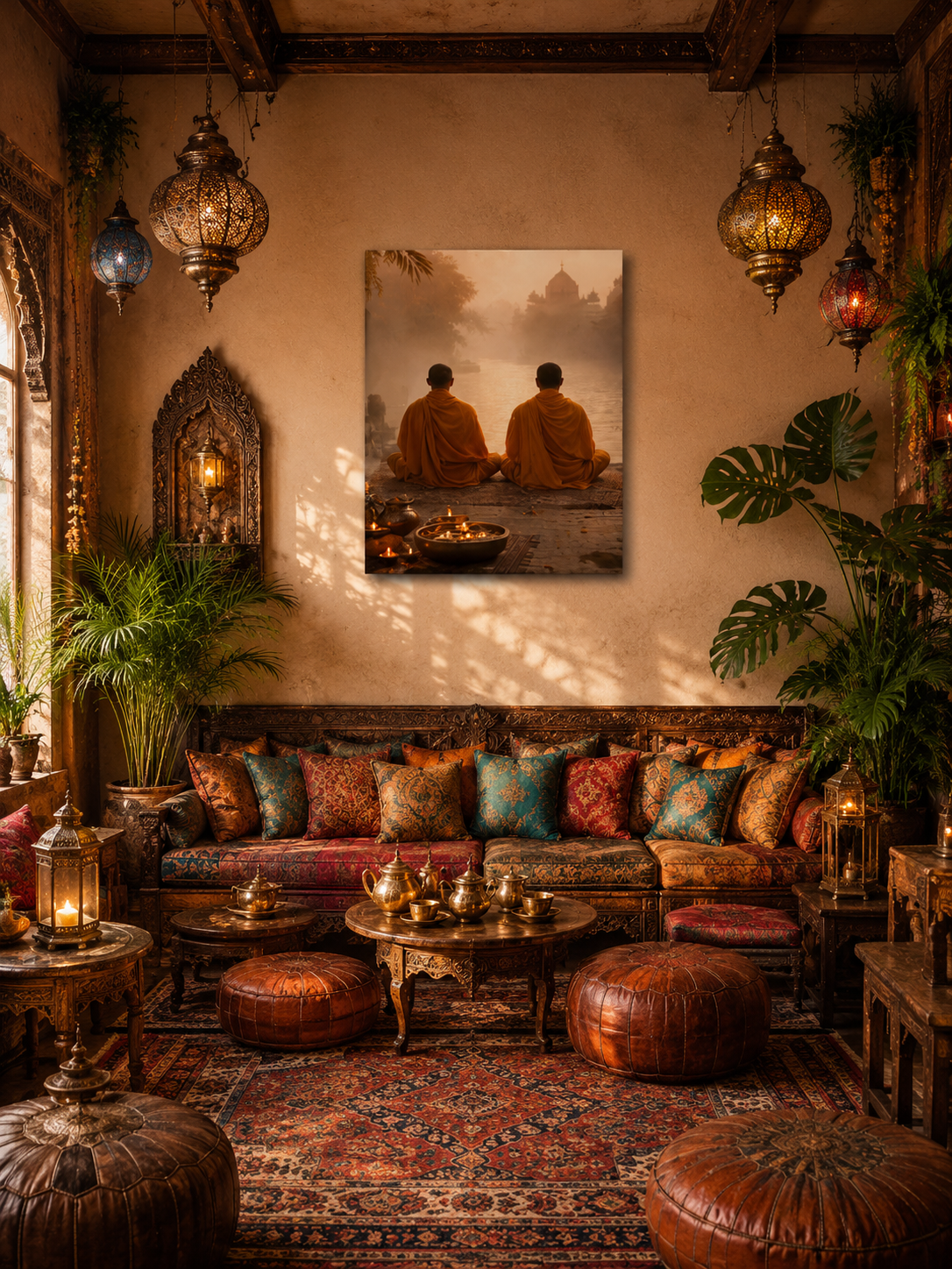 Luxury bohemian meditation room with warm lighting and monks canvas artwork