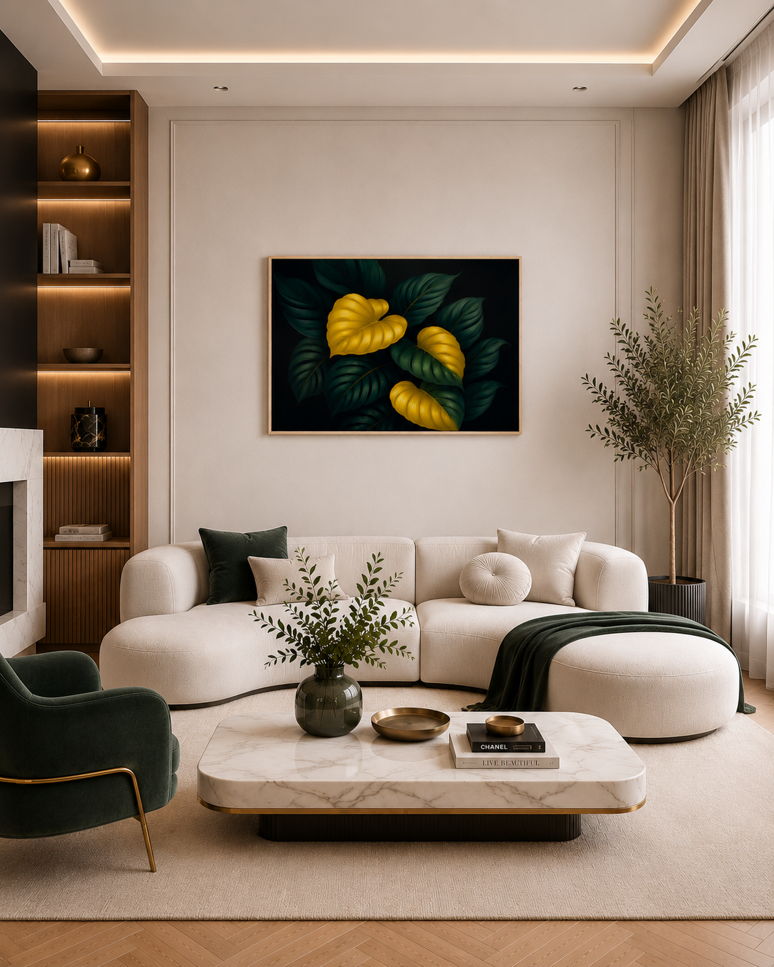 Luxury living room mockup featuring dark botanical wall art with golden leaves in a modern beige interior with curved sofa and marble coffee table.