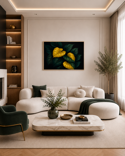 Lumina Leaves framed wall art in a modern beige living room with a curved sofa and marble table