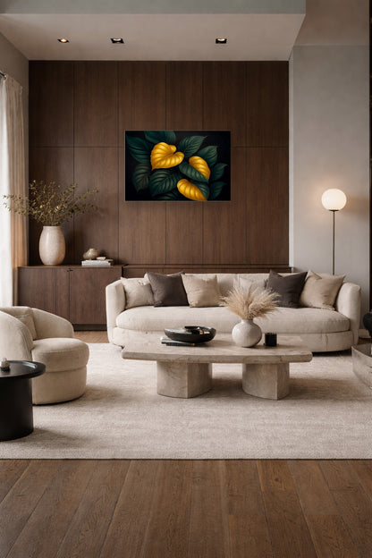 Lumina Leaves poster above a curved beige sofa in an elegant modern living room