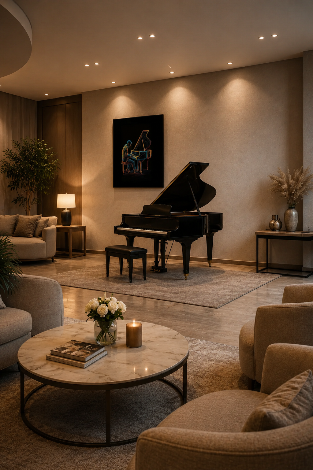 Elegant modern living room featuring a black grand piano and framed pianist wall art with warm ambient lighting.