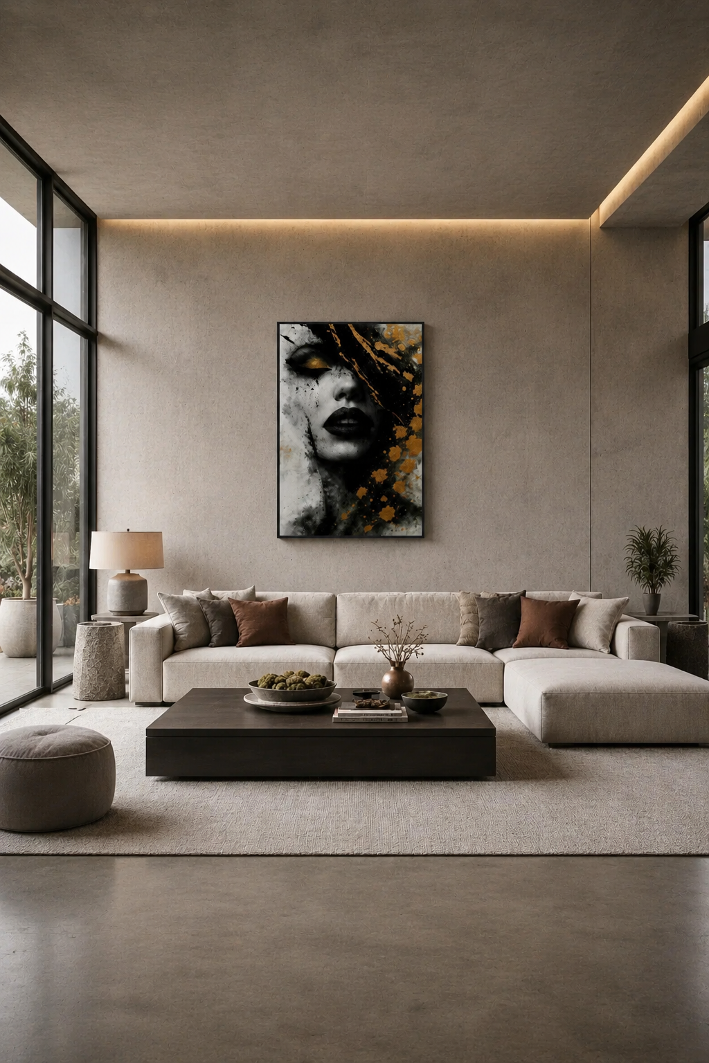 Luxury neutral living room with large sectional sofa and black and gold abstract portrait wall art in a slim black frame.