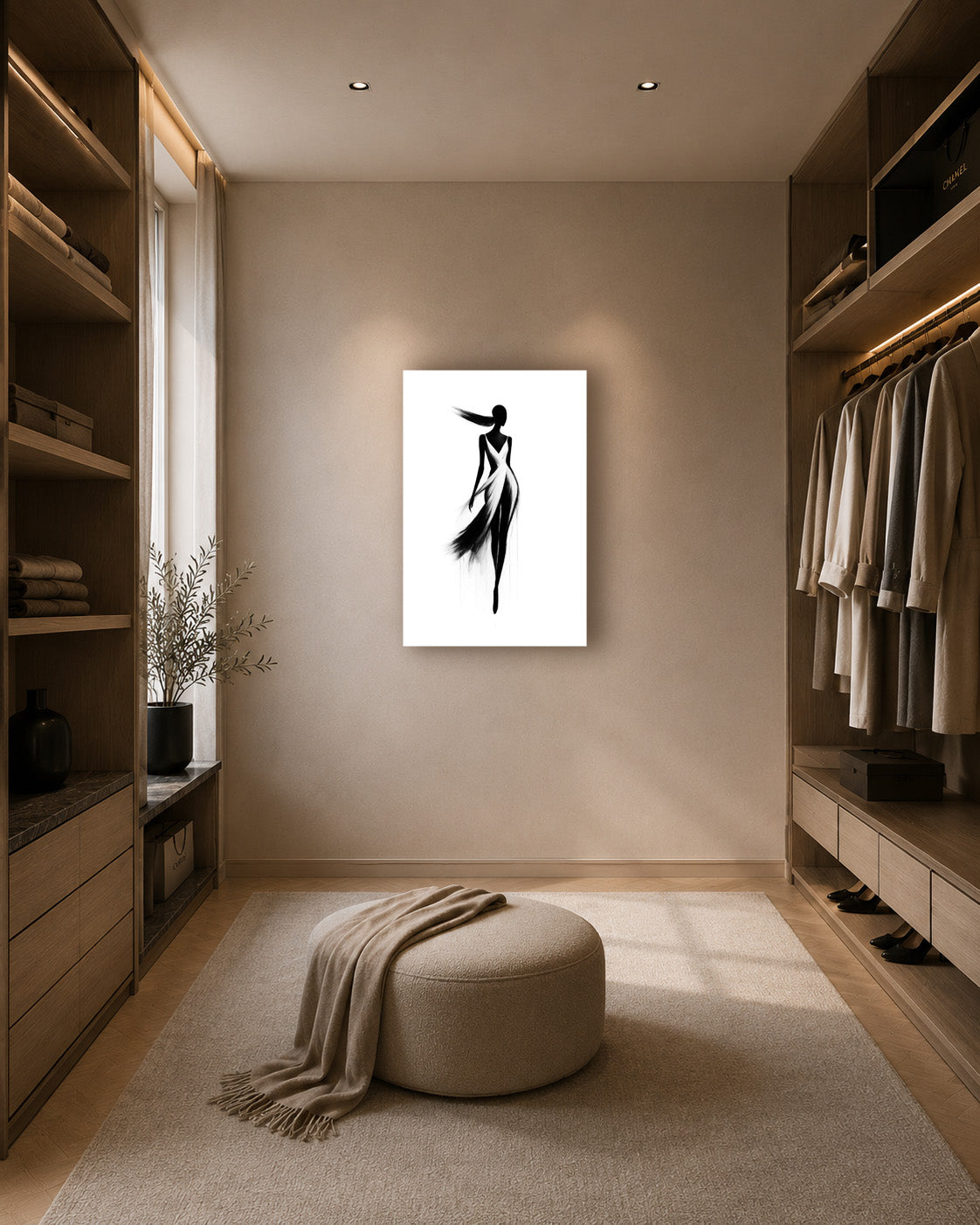 Black and white fashion print styled in a luxury walk-in closet with neutral tones and soft lighting.