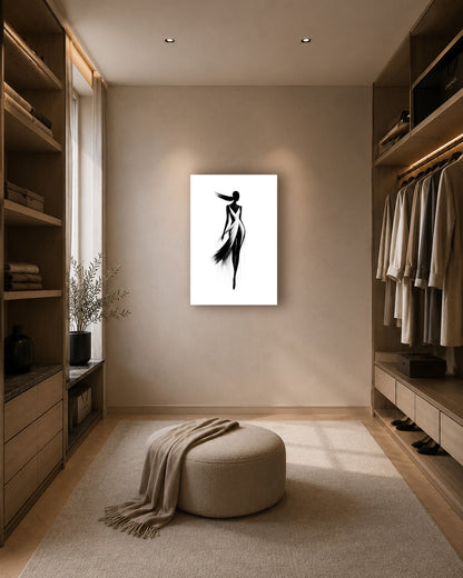 Black and white fashion print styled in a luxury walk-in closet with neutral tones and soft lighting.