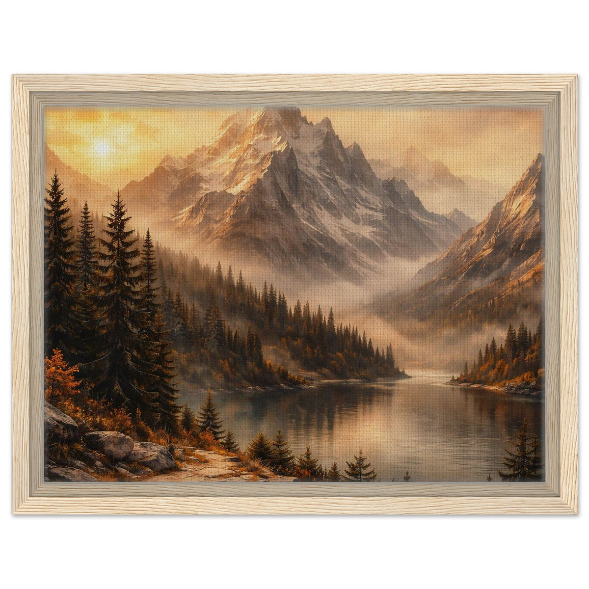 Majestic mountain and lake artwork with pine forest in a natural wood frame