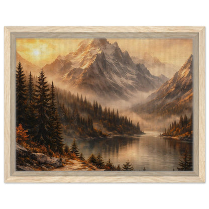 Majestic mountain and lake artwork with pine forest in a natural wood frame
