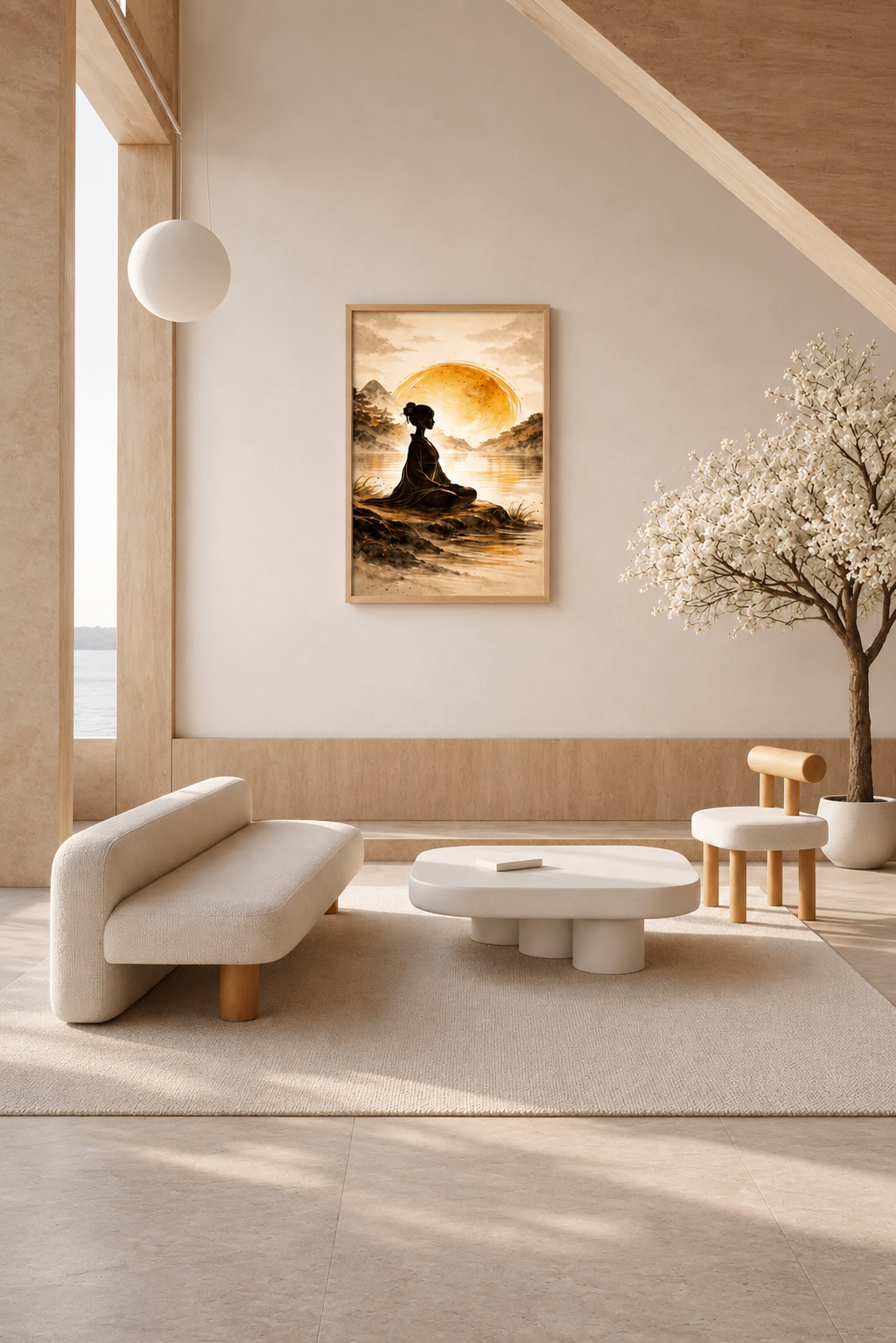 Meditation artwork poster with light wood frame styled in a modern beige interior with sculptural furniture and soft natural light.