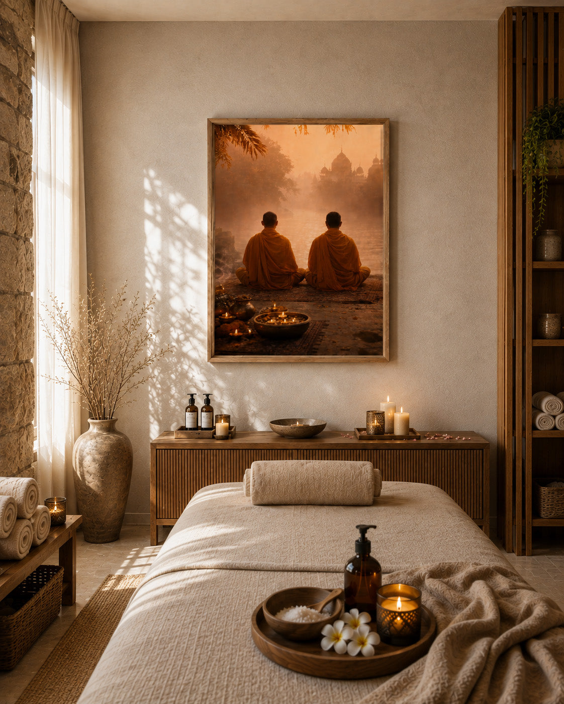 Meditation monks framed canvas styled in a peaceful minimalist spa