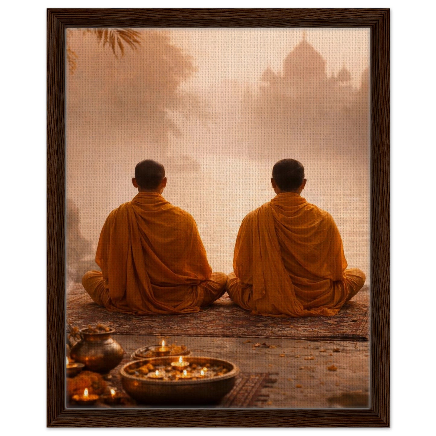 Framed canvas wall art featuring two Buddhist monks meditating